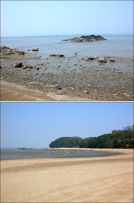 윗쪽) 슬픈 연가 촬영지 근처 바닷가. 아랫쪽) 풀하우스 촬영지 근처 바닷가, 수기해변