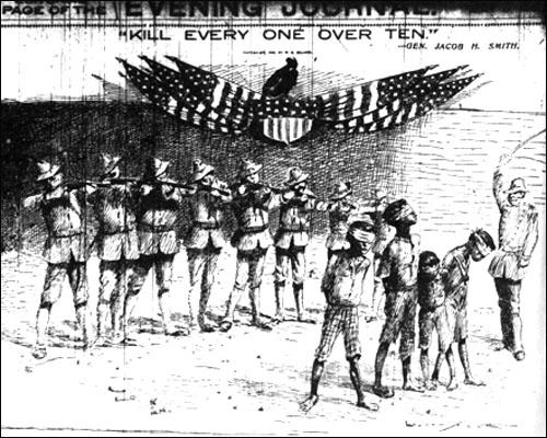 필리핀 전에서 "10살 이상 모든 인간을 죽여라"는 제이컵 스미스 장군의 악명높은 명령이 실린 <뉴욕저널> 만화. 1902년 5월 2일.