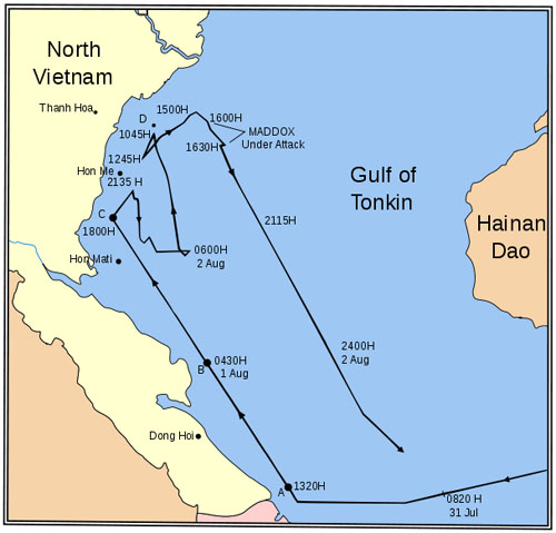 미국 전함이 북 베트남에서 13킬로미터 거리내에 있었음을 보여주는 미해군의 통킹만 지도.