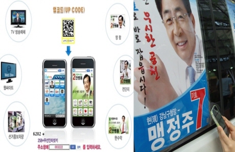 좌측 안병용 의정부 시장 당선자의 업코드 활용도와 모바일 블러그, 우측은 맹정주 후보의 포스터에 표기된 QR코드를 스마트폰으로 인식하는 모습