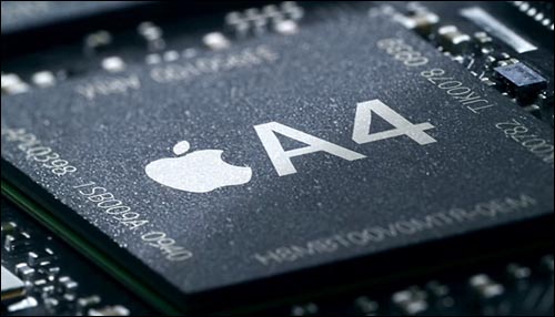 애플 아이폰4 홍보영상에는 아이폰 제조 과정과 기기 내부 모습을 상세히 공개해 눈길을 끌었다. 사진은 A4 프로세서(홍보영상 캡처) 