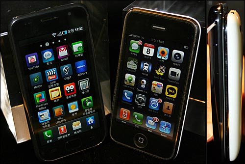 갤럭시S(왼쪽)와 아이폰 3GS 비교 모습(오른쪽은 옆 모습)