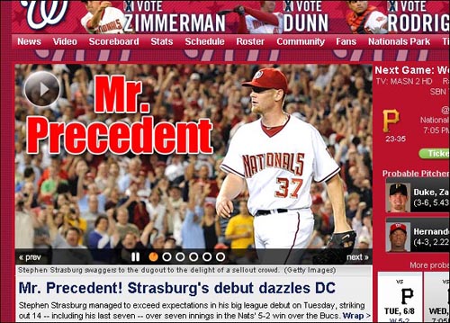  스티븐 스트라스버그의 데뷔전을 축하하는 워싱턴 내셔널스 공식 홈페이지