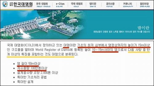 세계 대형댐 기준 세계 대형댐 기준에 따르면 4대강에 세우는 보는 보가 아니라 거대한 대형댐입니다. 재앙이 될 수밖에 없는 이유입니다. 