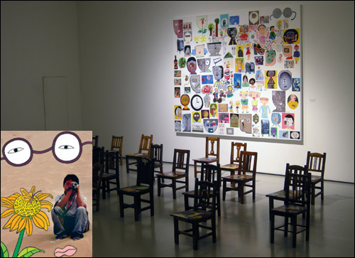 '의자에 관한 명상' 22개 의자 아크릴물감 2004. 뒷면의 그림은 어려서 그린 흔적과 작가가 되어 만든 그림이 합쳐져 전혀 새로운 작품이 되었다. '자화상' 종이에 복합매체 120×80cm 2009(왼쪽아래)