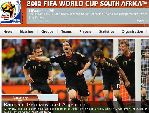  독일의 4강 진출을 알리는 남아공월드컵 공식 홈페이지