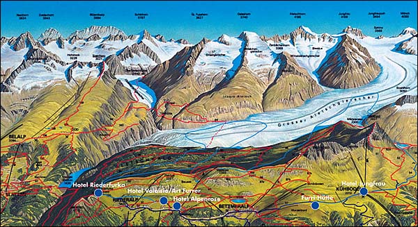 알레치 빙하는 스위스에서 가장 길고 큰 빙하다. 길이만도 약 23km에 이른다. 그 옆의 알레치 숲도 1933년 국립공원의 지정된, 유럽에서 가장 높은 곳에 위치한 산림 보호 지역이다. 가운데 흰 부분이 알레치 빙하 지대다.