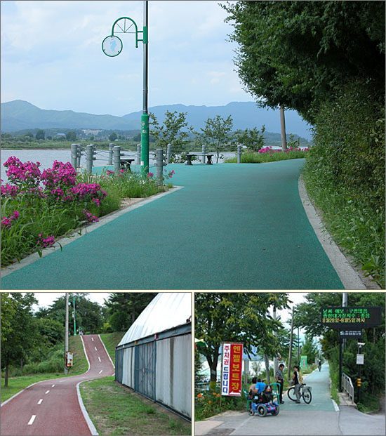 연일들이 함께 자전거타기에 좋은 곳. 아래 왼쪽) 중도 선착장에서 MBC로 올라가는 길. 아래 오른쪽) 자전거도로 입구.
