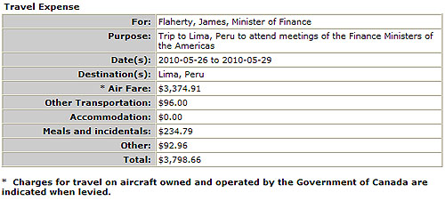  제임스 플래허티 캐나다 연방재무장관의 출장비 사용내역.