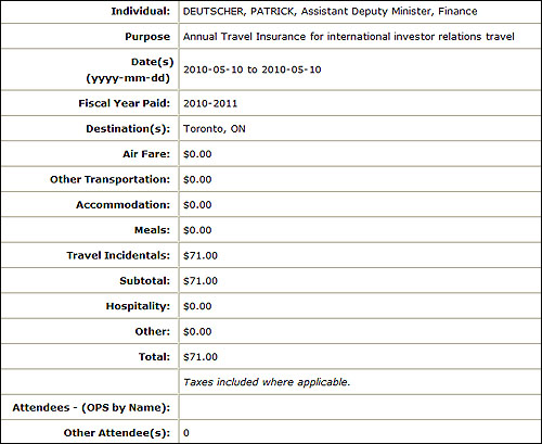  단돈 '71달러'가 적혀있는 캐나다 온타리오주 재무부 차관보의 출장비 사용내역. 
