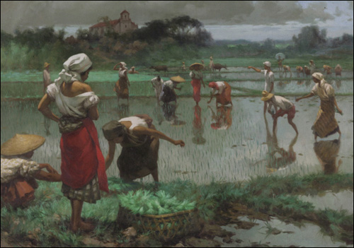 페르난도 아모르솔로(Fernando Amorsolo 필리핀) I '모내기' 69×99cm 캔버스에 유채 1924. 필리핀의 거장이 그린 농촌의 모습이나 인물에서 현장의 생생함이 사실적으로 잘 묘사되었다