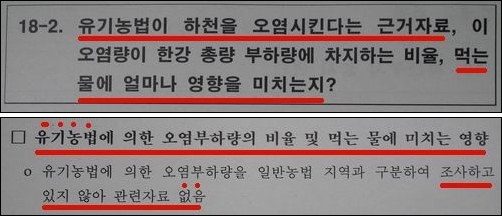 유기농업이 하천을 오염시킨다는 근거는? 조사한바 없음!!!!! 바로 이게 2008년 환경부 국정감사 자료입니다. 제대로 된 조사도 없이 유기농을 수질 오염의 주범으로 몰고 있습니다. 참 무책임한 정부입니다.