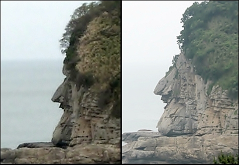 하의도 방문객은 누구나 들른다는 ‘큰 바위 얼굴’. 왼쪽은 2009년 4월23일. 오른쪽은 2010년 6월25일에 촬영한 사진입니다. 이마 부분이 확연히 다르더군요.
