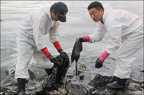 유조선-어선 충돌 사고로 흘러온 기름띠를 제거하는 작업이 13일 거제지역 상당수 해안에서 벌어지고 있다.