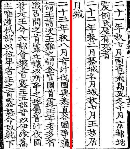 <삼국사기> 권1 ‘파사이사금 본기’ 파사이사금 23년 기사. 붉은 수직선 왼쪽이 본문에  인용되었다. 
