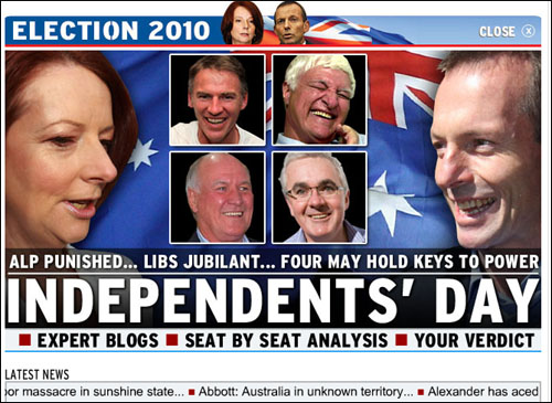 지난 21일 치러진 호주 총선 결과 무소속 의원 4명이 차기 정권을 결정할 것이라고 보도한 호주 언론.