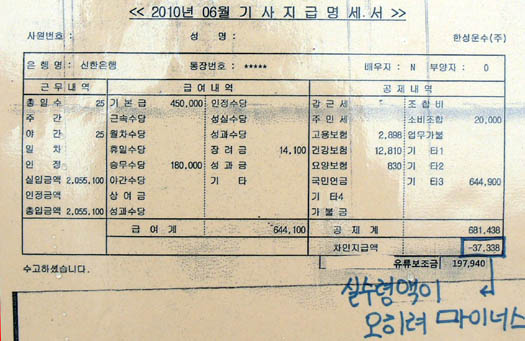  한성운수 촉탁기사의 2010년 6월 임금 명세서. 4인 가족 최저생계비 132만원에 턱없이 못 미치는 임금이다. 이 촉탁기사는 한 달 동안 총 25일을 야간근무했지만,높은 사납금으로 인해 지난 6월 '마이너스'를 임금을 받았다. 공제내역 '기타3' 644,900원이 미납한 사납금이다. 