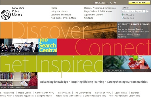  뉴욕 공공도서관 홈페이지 화면 캡쳐. '발견하고(Discover) 소통하면서(Connect) 창조적 지식의 영감을 얻다(Get inspired)' 