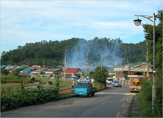 상사마을 풍경. 마을 지붕 위로 소독 연기가 뿌옇게 올라오고 있다.