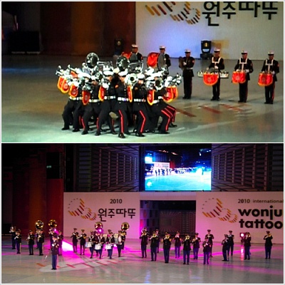 한국 대중가요를 연주 해 관객들의 박수를 받은 필리핀 해병군악대(위)와 팝, 재즈 등 다양한 장르와 관악을 결합시킨 미 8군 군악대(아래)