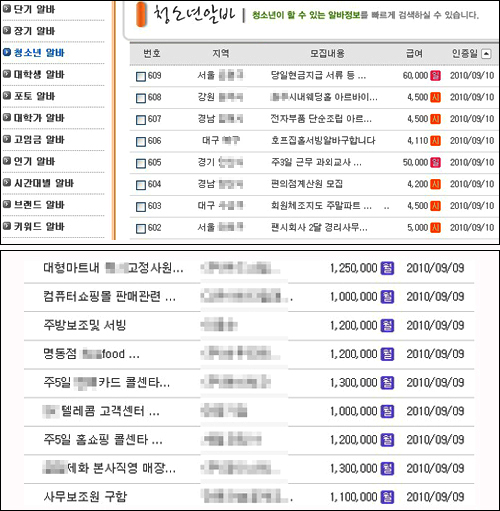  <상>고용노동부의 워크넷 '청소년알바' 리스트 <하>100만원이상으로 검색된 알바리스트