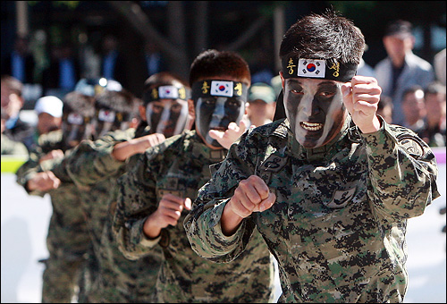 6.25전쟁 60주년 서울수복 기념 및 국군의 날 기념행사가 열린 28일 오전 서울 광화문광장에서 특전사 장병들이 특공무술을 선보이고 있다.
