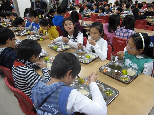  4일, 서울시 성북구 숭인초등학교 1학년~5학년 학생들이 '친환경 급식'을 먹고 있다. 성북구는 지난 10월 1일부터 성북구 공립초등학교 6학년에게는 친환경 무상급식을, 1학년~5학년에게는 친환경 식재료 차액을 보전하고 있다. 