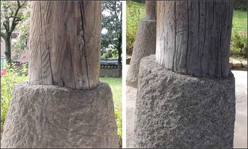 한옥은 자연의 이치를 십분 활용한다. 사진에 기둥은 잘못 세워진 것이 아니라 초석의 상부 형태에 따라 기둥도 같은 형태로 만들어 사용하는 기법인 그랭이 작업을 한 후 사용한 모습이다.