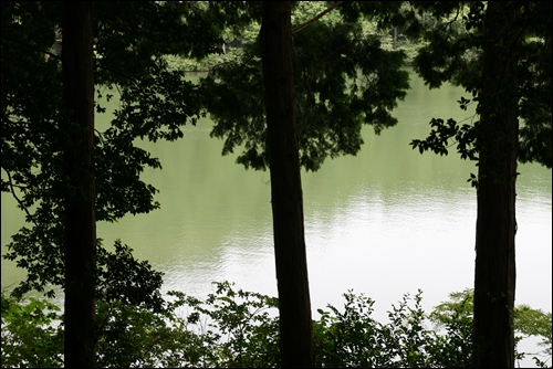 산책로에 있는 벤취에 앉아서 본 옥빛 호수