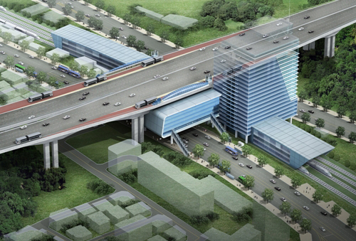 100번 고속도로에 기존 도로, 전철, 환승센터와 연결하여 BRT를 구축하려는 구상도