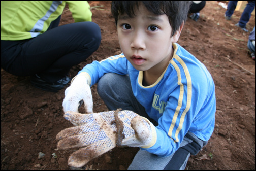 김태민(초등학교 2학년) 군이 고구마를 캐다 땅속에서 나온 도룡농을 들어보이고 있다