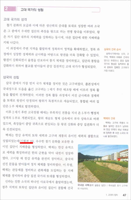 2007년에 발행된 한국의 고등학교 국사 교과서. 밑줄 친 부분에는 백제의 건국연대가 기원전 18년이라고 표기되어 있다. 