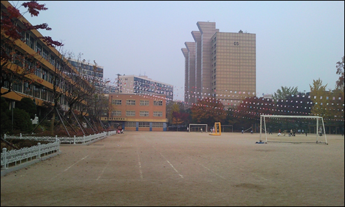  압구정초등학교에서 바라본 현대아파트 풍경. 정면에 보이는 ‘65동’은 현대 브랜드가 아님에도 외부에 별다른 브랜드 표시 없이 현대아파트 단지 내에 자리하고 있다. 이 ‘65동’은 현대아파트 단지 내에서 가장 큰 평수를 자랑하고 있다. 현대아파트 단지 내에서는 이처럼 묘한 풍경을 곳곳에서 만날 수 있다.