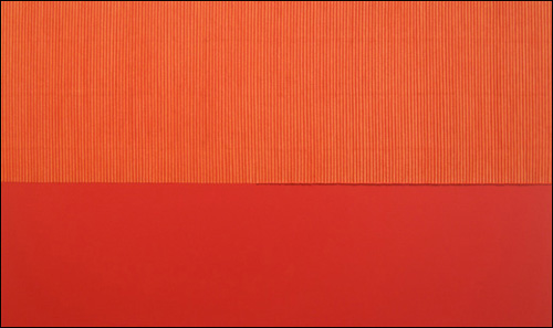 '묘법(Ecriture) No.071014' 캔버스에 한지, 혼합재료 180×300cm 2007. 따뜻한 온기가 느껴지는 부드러운 붉은색 계통이다