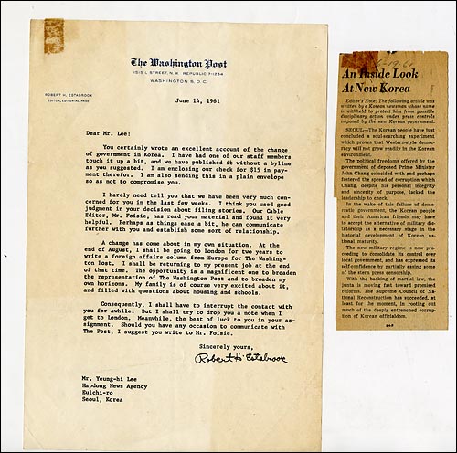 1960년 <워싱턴포스트>의 에스타브룩이 리영희 선생에게 보낸 편지와 당시 <워싱턴포스트>에 실린 리 선생의 칼럼.