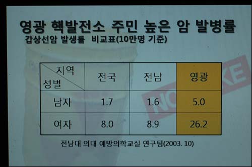 지난 2003년 전남대 의대 예방의학 교실 연구팀에서 영광 핵발전소 주민들의 암 발병률 조사 결과.-환경운동연합 제공