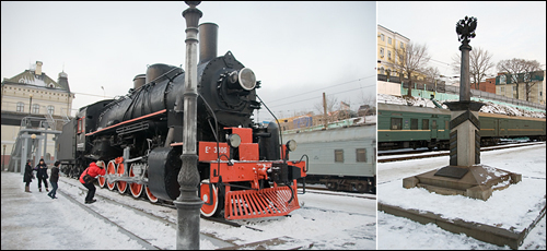 제2차 세계대전에서 사용되었던 증기기관차(좌)와 시베리아 횡단열차 기념비(우)