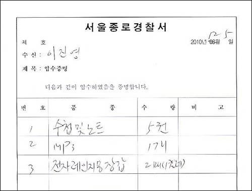 경찰은 지난 5일 이진영씨의 자택을 압수수색한 뒤 수첩과 노트, MP3, 전자레인지용 장갑 등을 가져갔다.