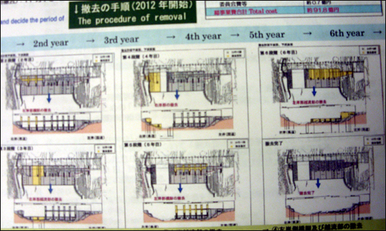  아라세댐 댐철거 년도별 계획도. 약 92억 엔을 들여 내년 4월부터 댐 본체 철거를 시작해 댐 오른쪽 안측부터 6단계(6년)에 걸쳐 차례차례 슬릿모양으로 철거해 나갈 예정이다.   
