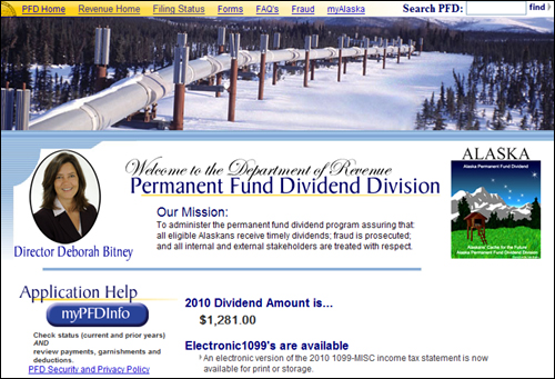 '알래스카 영구기금' 관리 부서의 웹사이트. 가운데 아래 부분에 2010년 배당금이 1281달러라고 나와있다.