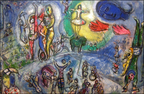 '서커스를 위한 대형스케치(Grande esquisse pour cirque)' 캔버스에 유화 65×101cm 1957. <개인소장>
ⓒ Marc Chagall/ADAGP, Paris-SACK, Seoul, 2010 Chagall(R)