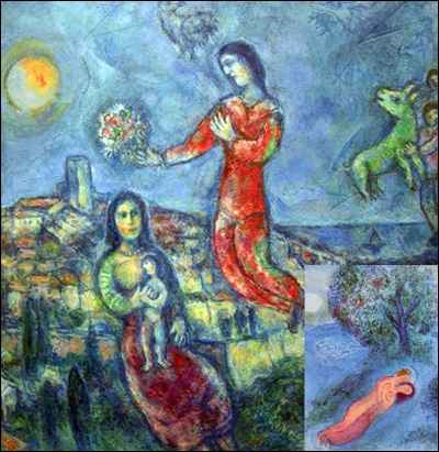 '파란 풍경 속의 부부(Couple dans le paysage bleu)' 캔버스에 유화 112×108cm 1969-1971. '필레타스의 가르침(La Lecon de Philetas)' 석판화 52×38cm 1961(아래)
ⓒ Marc Chagall/ADAGP, Paris-SACK, Seoul, 2010 Chagall(R)