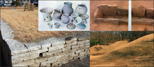 (왼쪽) 진천동 석관묘 유적 (작은 사진, 위, 왼쪽) 노변동 고분 출토 유물 (작은 사진, 위, 오른쪽) 상동 무덤 유적 (작은 사진, 아래, 오른쪽)  화원 유원지에 남아 있는 고분군 
