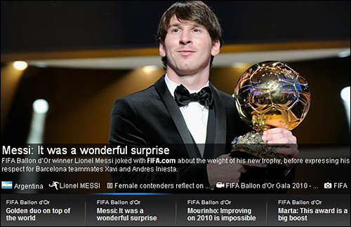  리오넬 메시의 수상을 발표하는 FIFA 홈페이지