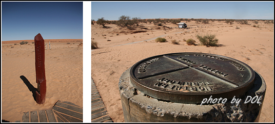 호주의 세 개 주 경계가 되는 표지석이다. 왼쪽 사진이 19세기 말 측량기사 포펠이 세웠던 표지 기둥의 20세기 복제품이고 오른쪽 사진은 1968년에 세워지 콘크리트 기둥