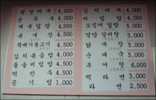 가격이 대부분 5000원 이하인 고려대 근처 한 식당의 메뉴표