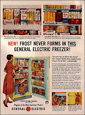 1959년의 가정용 냉동고 광고. 꽉꽉 채워진 냉동고가 풍요로움을 말해줍니다.