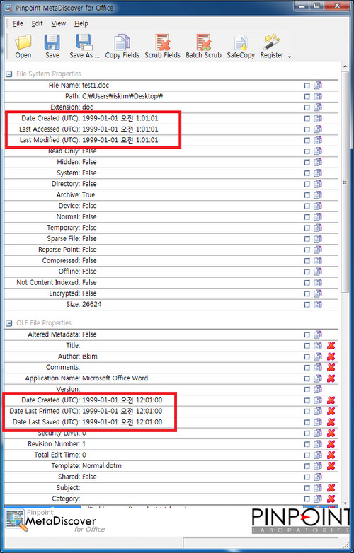 2010년에 만든 파일의 날짜를 1999년으로 모두 바꾸었습니다. 공인 받은 증거 채취 프로그램으로도 이렇게 바꾼 날짜의 변조 여부를 알 방법은 없습니다.