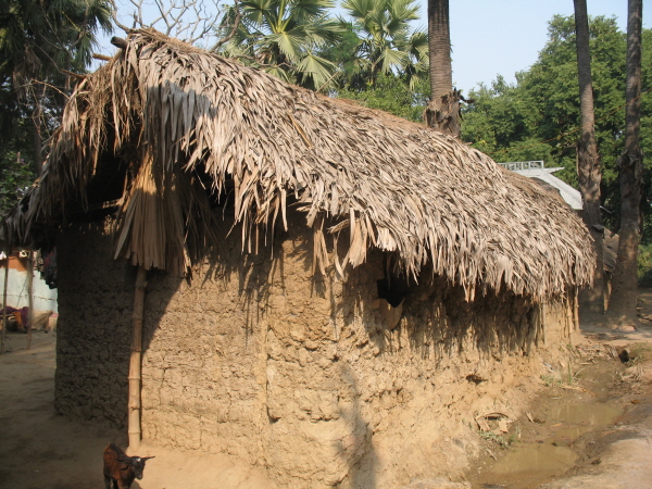흙으로 바르고 소철나무로 지붕을 만든 하누당가 마을의 집 