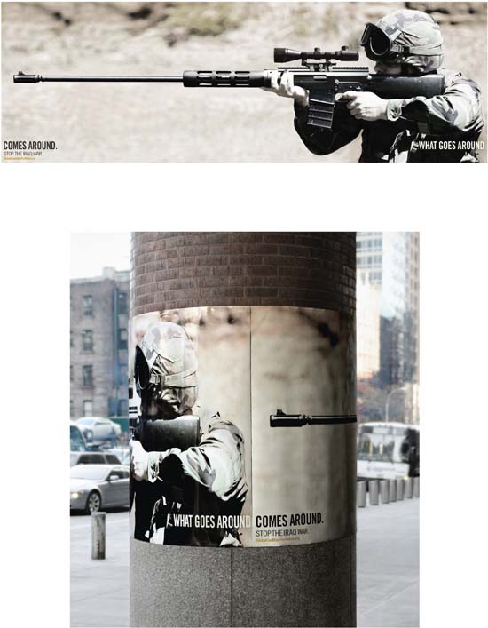 이라크 전쟁에 반대한다는 메시지를 담은 이 반전(反戰)포스터는 2009년 1월 버락 오바마 미국 대통령의 취임에 맞춰 뉴욕과 워싱턴에 나붙었다.